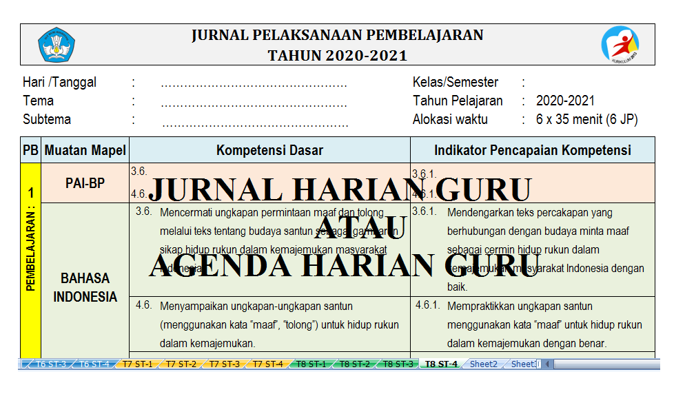 Jurnal harian kelas 6 semester 2