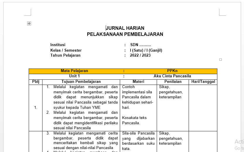 Jurnal harian kelas 1 semester 2 kurikulum merdeka