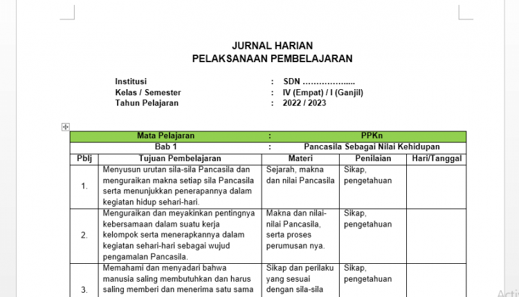 Download jurnal harian kelas 4 kurikulum merdeka semester 1