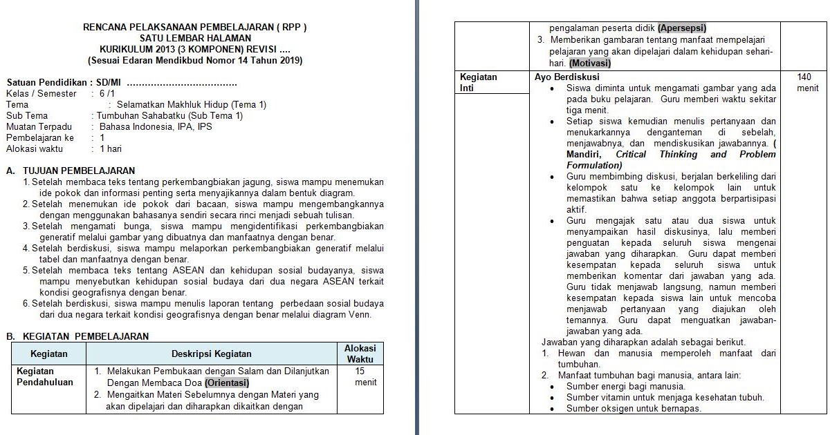 Rpp kelas 6 semester 1