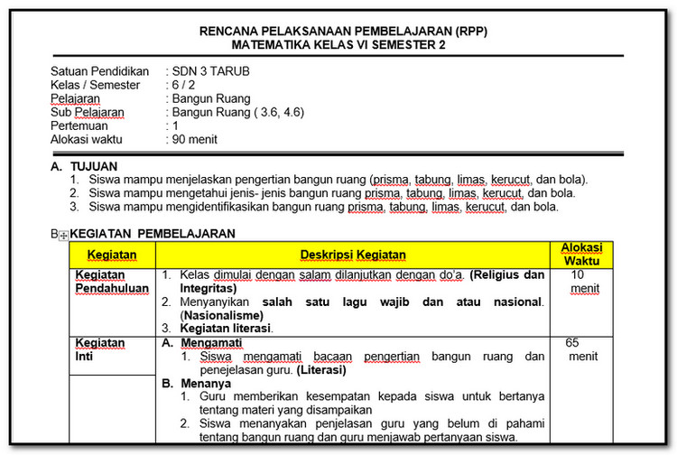 Rpp matematika kelas 6 semester 2 bangun ruang