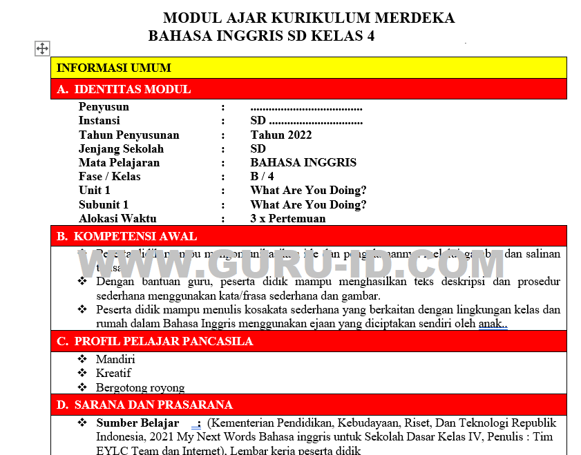 Tp bahasa inggris kelas 4 semester 2 kurikulum merdeka