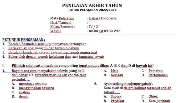 Soal bahasa indonesia kelas 4 kurikulum merdeka pdf