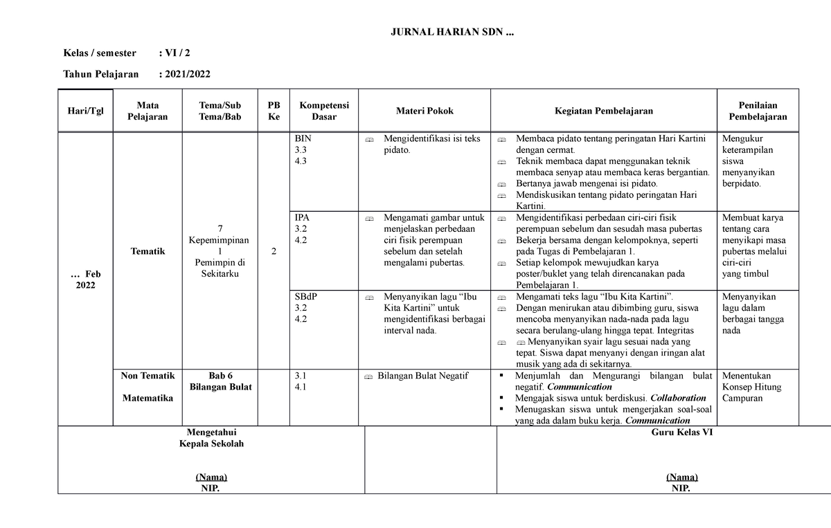 Jurnal kelas 6 semester 2