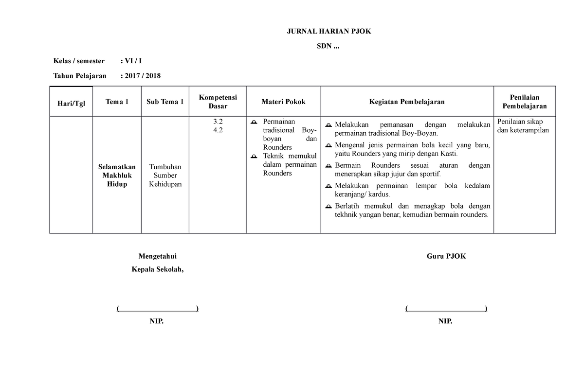 Jurnal kelas 6 semester 1