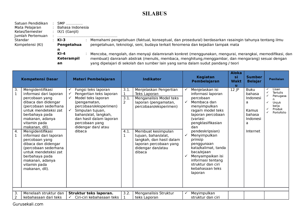 Silabus bahasa indonesia kelas 9