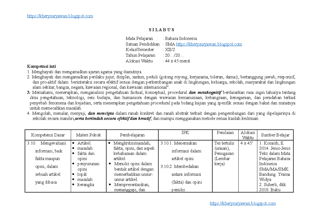 Silabus bahasa indonesia kelas 12